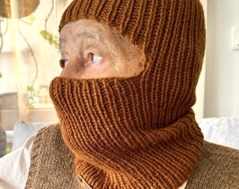 Hand knitted brown balaclava full face cover, beanie balaclava ski mask, unisex cinnamon color hood wool balaclava