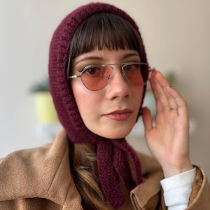 Handmade Burgundy Knit Bonnet, Vintage Inspired Winter Hat for Women, Handmade Mohair Bonnet