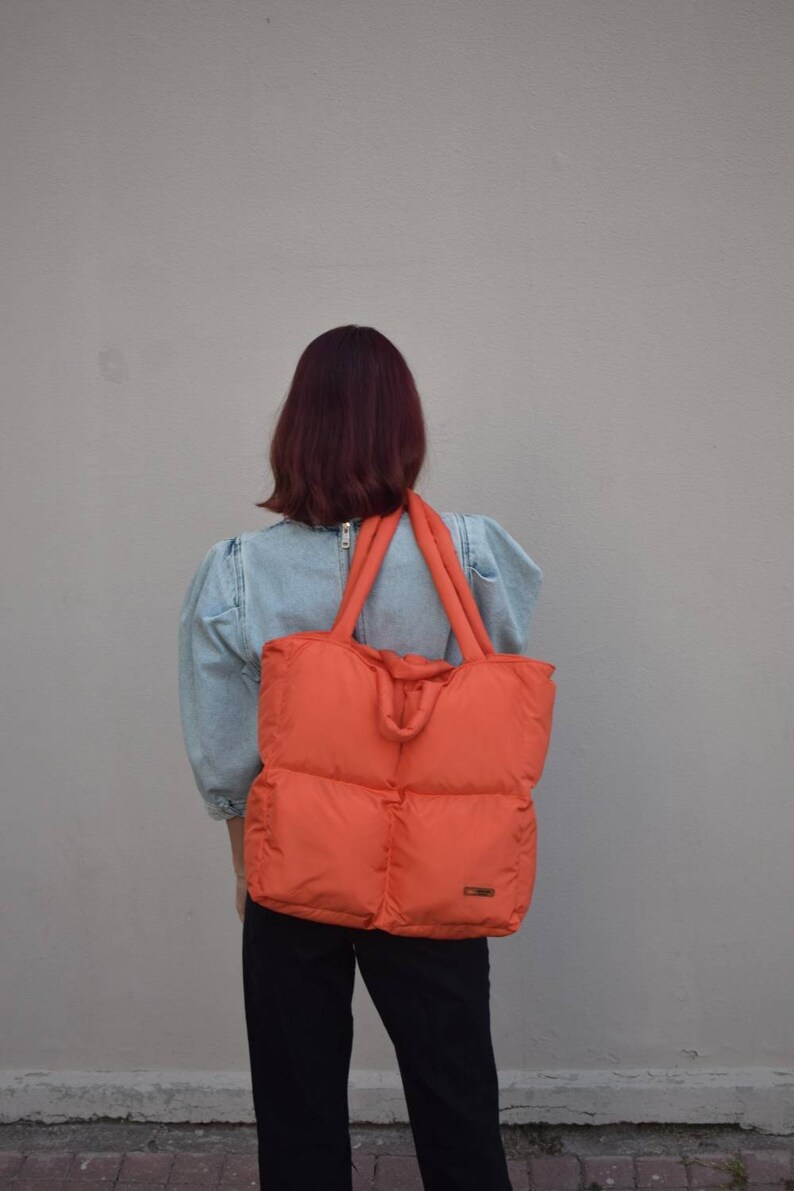 Large Puffer Bag With Zipper Orange Laptop Bag Handmade Tote Etsy