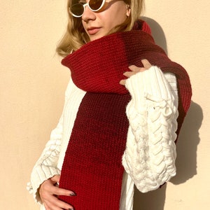 Hand knitted scarf in gradient red tones, cozy winter accessory, handmade neckwear made from 25% wool image 1