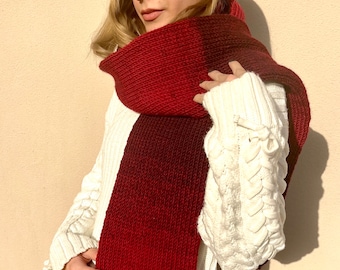 Hand knitted scarf in gradient red tones, cozy winter accessory, handmade neckwear made from 25% wool