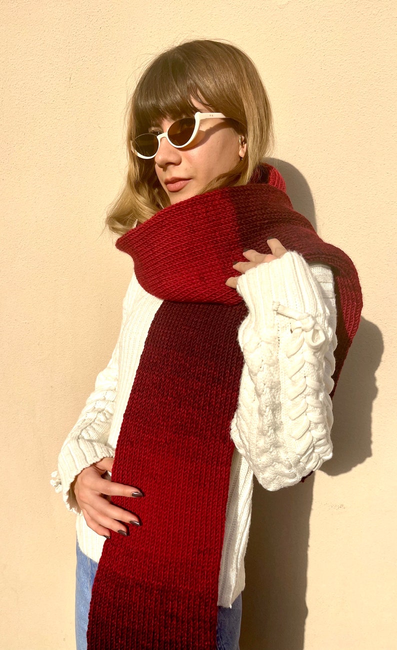 Hand knitted scarf in gradient red tones, cozy winter accessory, handmade neckwear made from 25% wool image 1