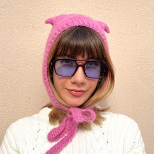 Pink mohair cat ears bonnet, super cute hand knitted balaclava with ties