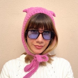 Hand Knitted Pink Mohair Cat Ears Balaclava with Ties