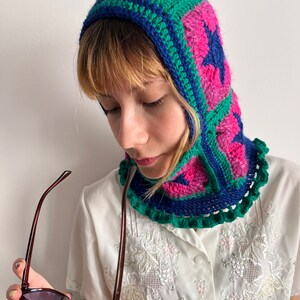 Crochet balaclava, balaclava knit, multicolor cozy balaclava in yellow pink blue, women's balaclava, granny square balaclava, hand knit hood image 9