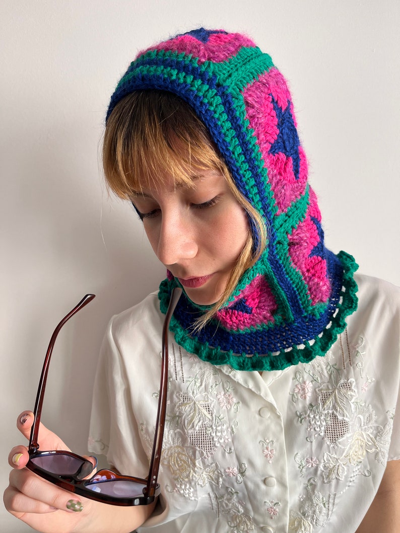 Crochet balaclava, balaclava knit, multicolor cozy balaclava in yellow pink blue, women's balaclava, granny square balaclava, hand knit hood image 9