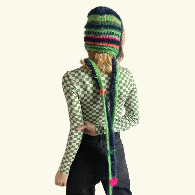 Bow tie bonnet, knit bonnet with long scarf, unique design fluffy balaclava knit image 6
