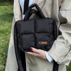 Mini Black Puffer Bag: Handmade Tote with Wool Bonnet Set
