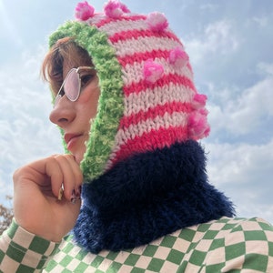 Hand knit balaclava with pom poms, cozy hand knit head wear, colorful knitted hood, striped balaclava in pink white and green image 2