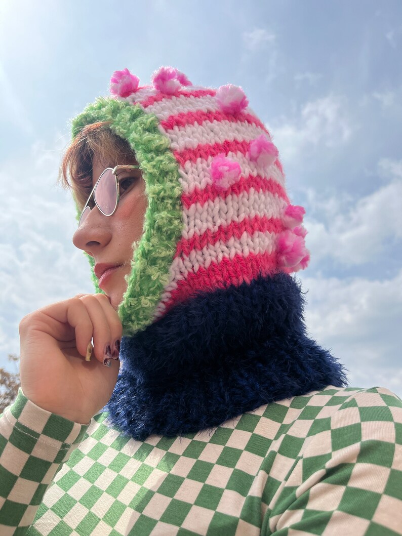 Hand knit balaclava with pom poms, cozy hand knit head wear, colorful knitted hood, striped balaclava in pink white and green image 2