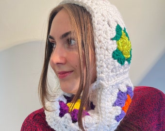 Balaclava crochet, hand knitted floral balaclava, granny square balaclava, balaclava knit, crochet hood
