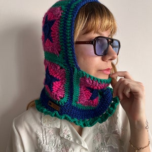 Crochet balaclava, balaclava knit, multicolor cozy balaclava in yellow pink blue, women's balaclava, granny square balaclava, hand knit hood image 6