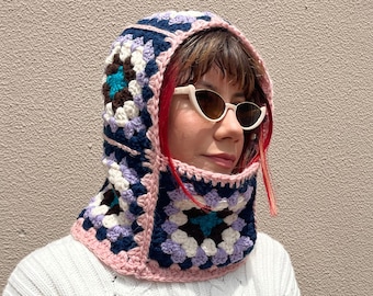 Handmade Granny Square Crochet Balaclava Powder Pink Knit Hood for Man Cozy Ski Mask Floral Pattern Cotton Beanie Balaclava Custom Order