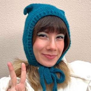 Petrol blue mohair balaclava, cat ears bonnet, hand knitted balaclava with ties, blue adults bonnet with ears image 1
