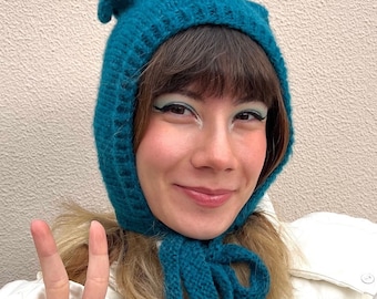 Petrol blue mohair balaclava, cat ears bonnet, hand knitted balaclava with ties, blue adult’s bonnet with ears
