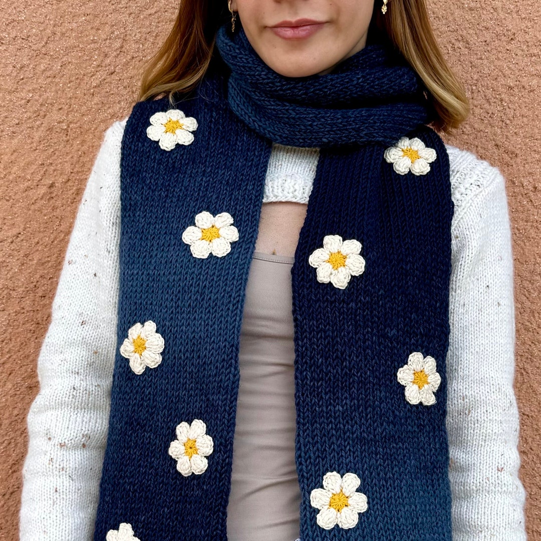 Handmade Knit Scarf: Navy Blue Wool Blend With Crochet Daisies