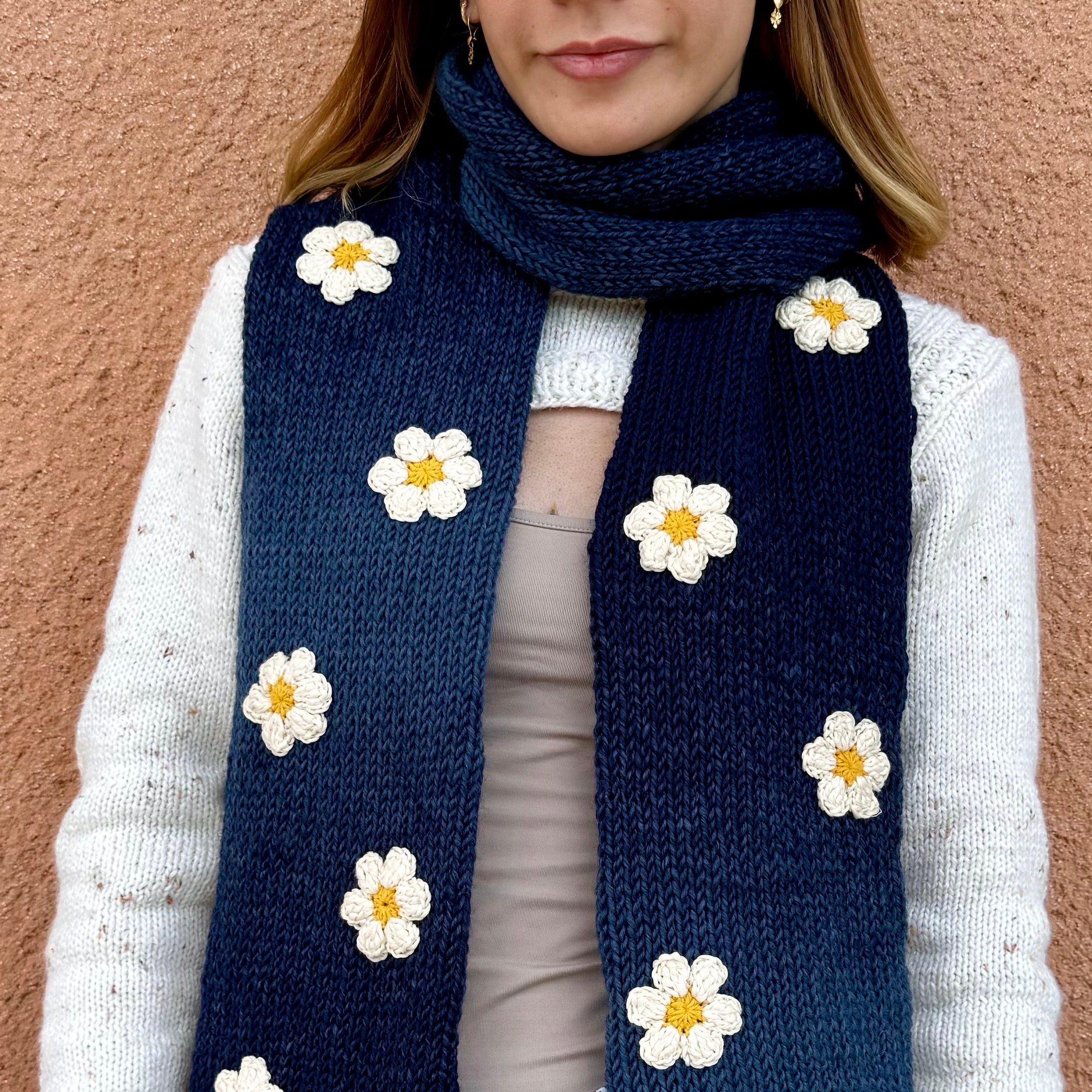 Handmade Knit Scarf: Navy Blue Wool Blend With Crochet Daisies - Etsy