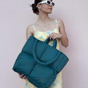 Emerald Green Puffy Laptop Tote | Quilted Zippered Shoulder Bag | Large Puffer Work Bag | Vegan Gift for Her | Handmade Laptop Bag