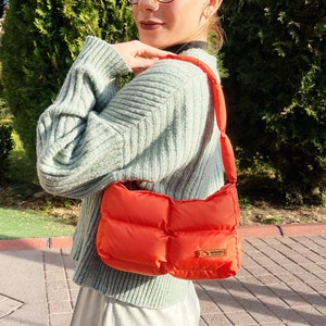 Baguette puffer bag, handmade puffy bag, pillow puffer bag, orange mini puffer bag, sustainable tote bag