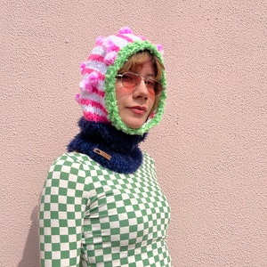 Hand knit balaclava with pom poms, cozy hand knit head wear, colorful knitted hood, striped balaclava in pink white and green image 8