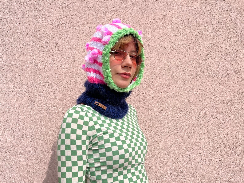 Hand knit balaclava with pom poms, cozy hand knit head wear, colorful knitted hood, striped balaclava in pink white and green image 8