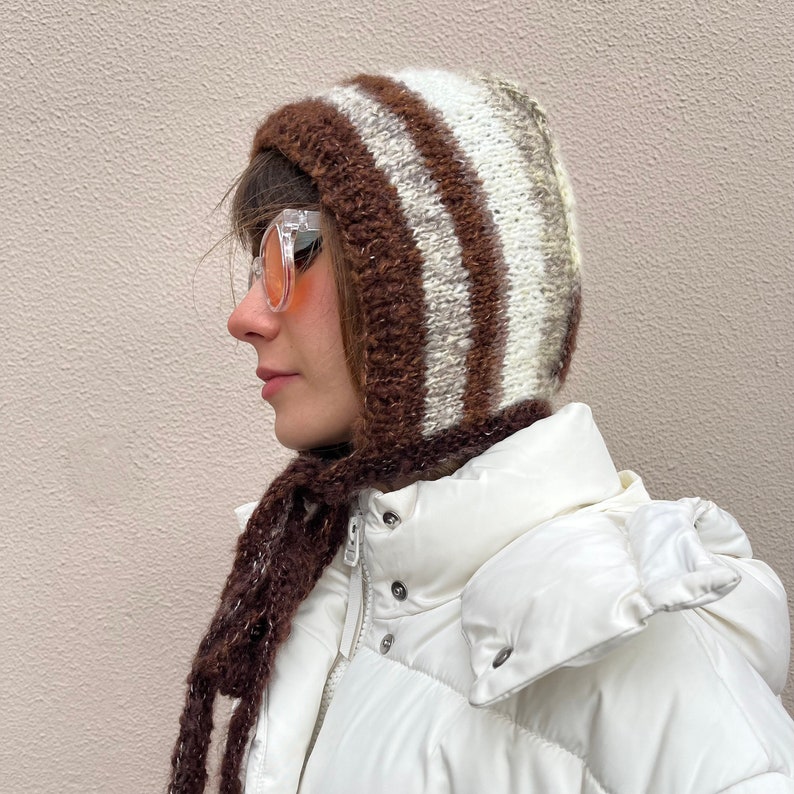 Unique mohair bonnet for adults, brown tones mohair balaclava with ties, super soft fluffy balaclava image 3