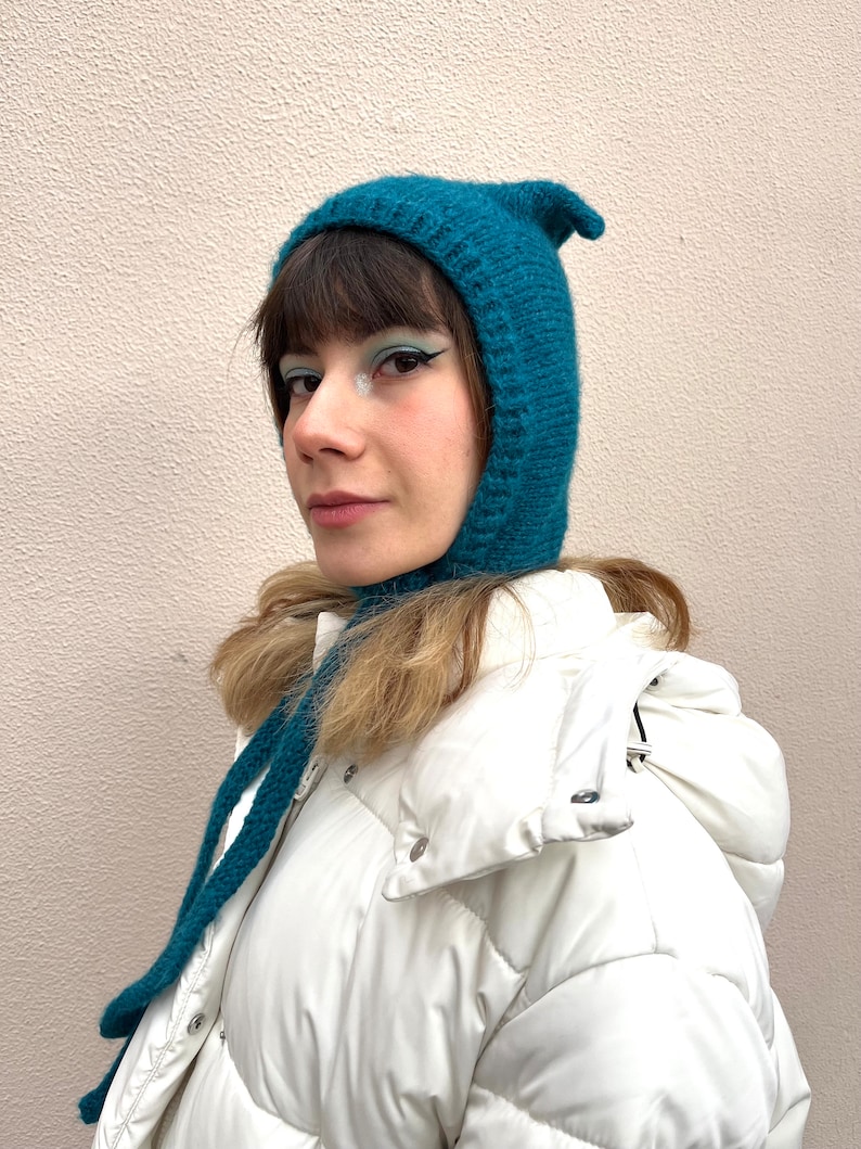 Petrol blue mohair balaclava, cat ears bonnet, hand knitted balaclava with ties, blue adults bonnet with ears image 3