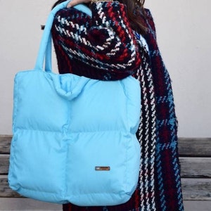 Blue puffer bag, oversize puffy bag, tote bag for laptop, large capasity puffer bag, handmade baby blue puffer bag