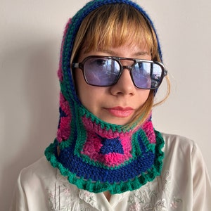 Crochet balaclava, balaclava knit, multicolor cozy balaclava in yellow pink blue, women's balaclava, granny square balaclava, hand knit hood image 5