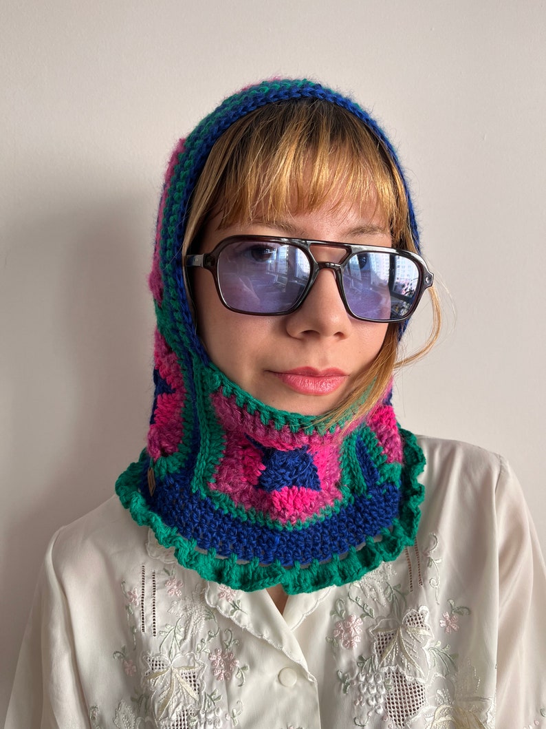 Crochet balaclava, balaclava knit, multicolor cozy balaclava in yellow pink blue, women's balaclava, granny square balaclava, hand knit hood image 5