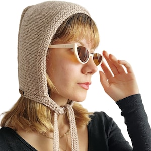 Hand Knit Wool Balaclava: Latte Bow Tie Bonnet