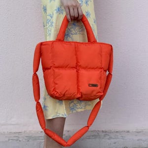 Orange Puffer Tote Bag: Quilted Shoulder Bag with Padded Strap