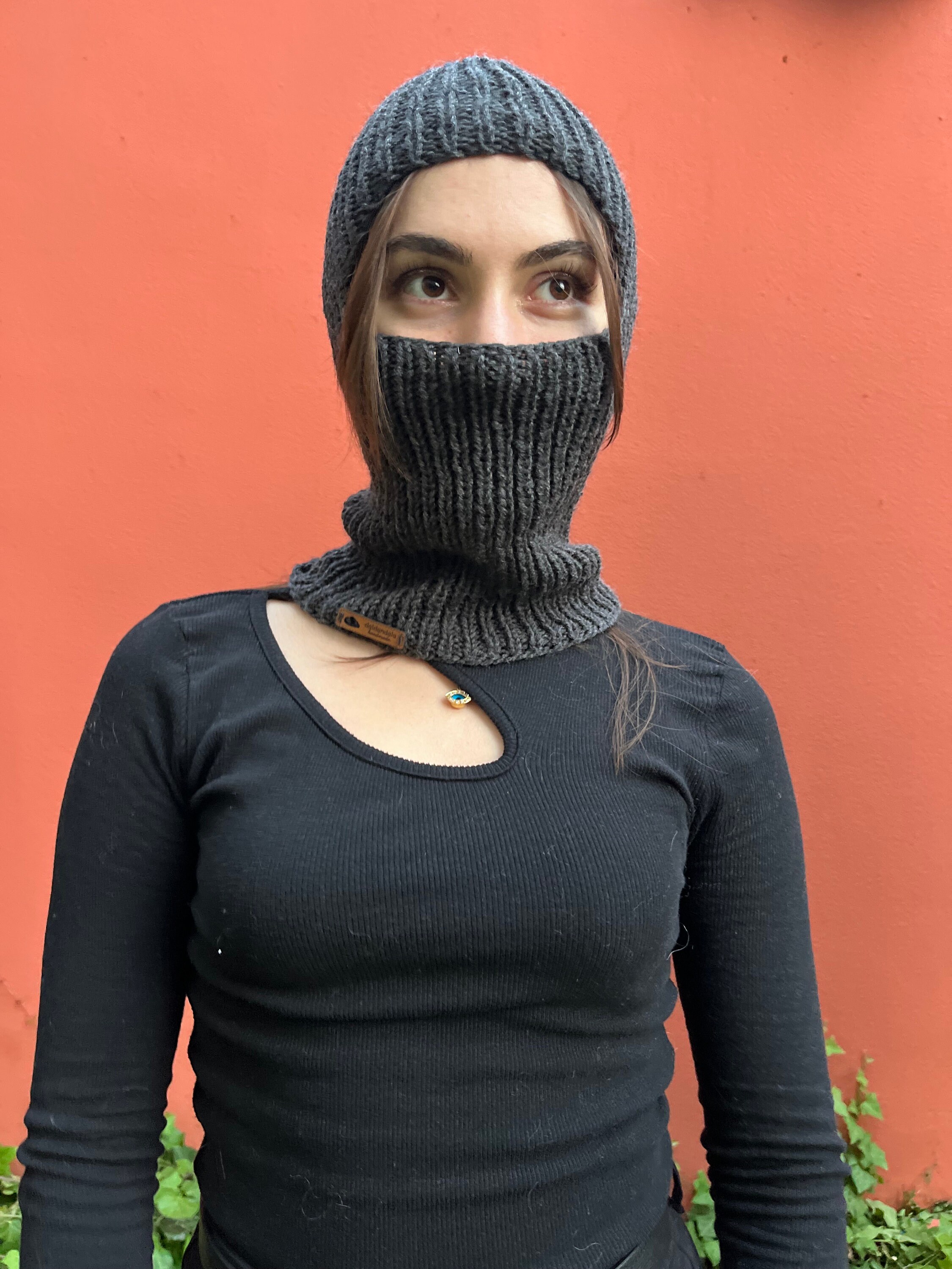 GIDEAL lamé knit balaclava arm warmer Dark Gray Socky Full Face Balaclava, Hand Knitted Balaclava