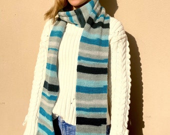 Hand Knitted Wool Scarf: Blue Striped Skinny Knit