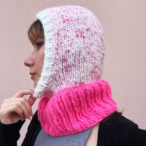 Hand Knitted Mohair Balaclava: Pink Wool Blend Knit Hood
