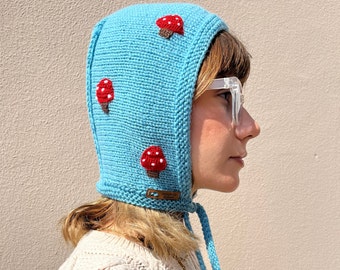 Knit Bonnet Adult Merino Hat Wool Bonnet Balaclava Crochet Hood Knit Hat With Tie Balaclava Mushroom Crochet Toadstool Blue Balaclava