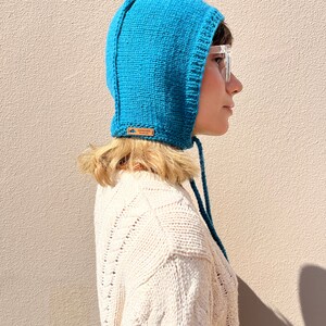 Merino wool bonnet on lagoon blue, wool adult bonnet, petrol blue balaclava, hand knitted balaclava image 4