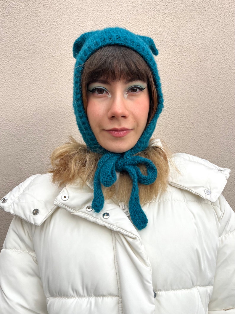 Petrol blue mohair balaclava, cat ears bonnet, hand knitted balaclava with ties, blue adults bonnet with ears image 7