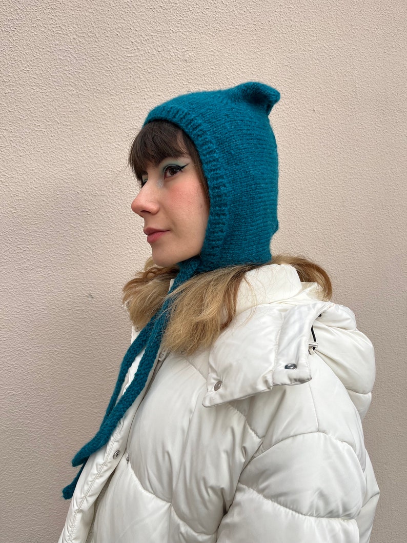 Petrol blue mohair balaclava, cat ears bonnet, hand knitted balaclava with ties, blue adults bonnet with ears image 10