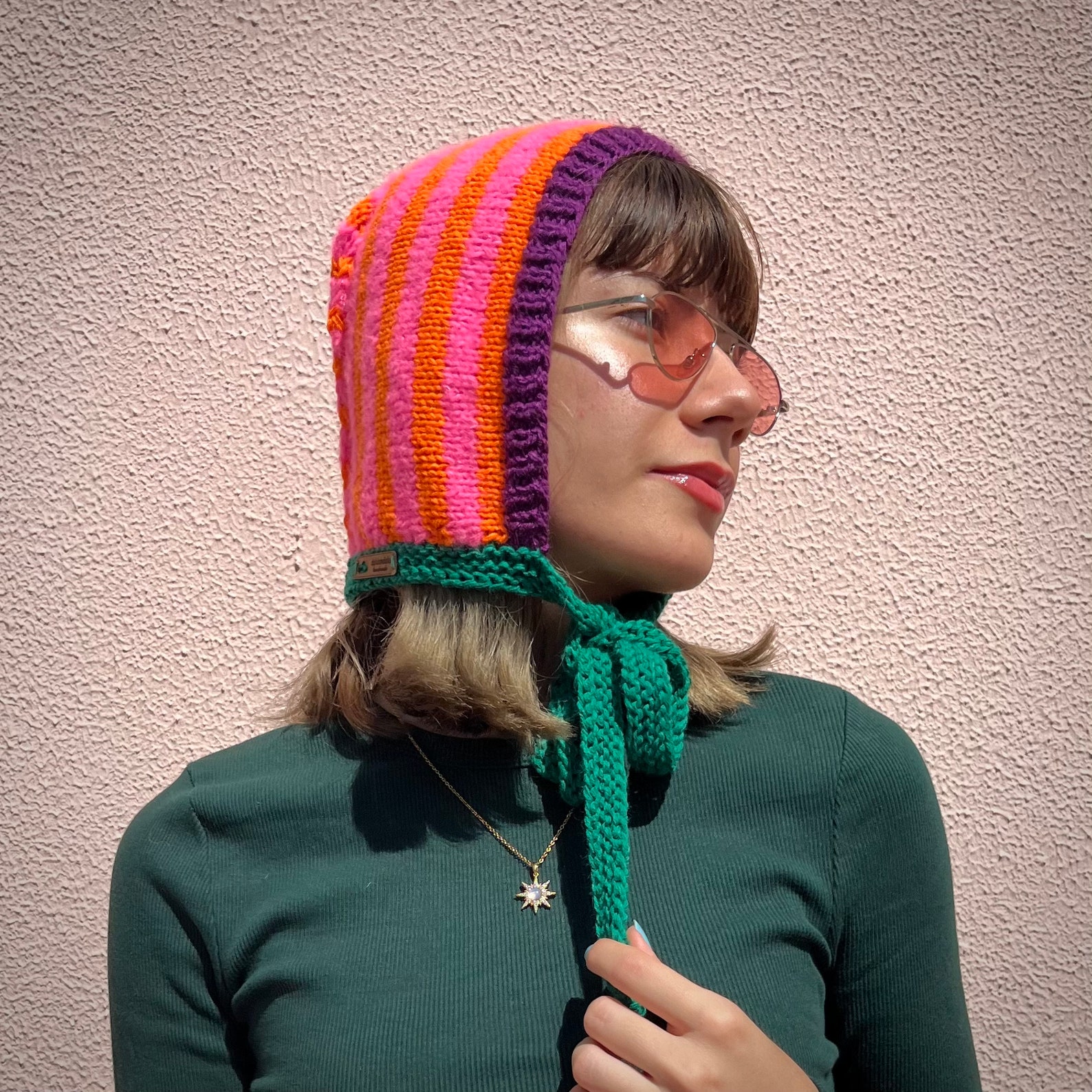 Hand Knitted Adult Bonnet in Neon Vibrant Colors, Colorful Striped ...