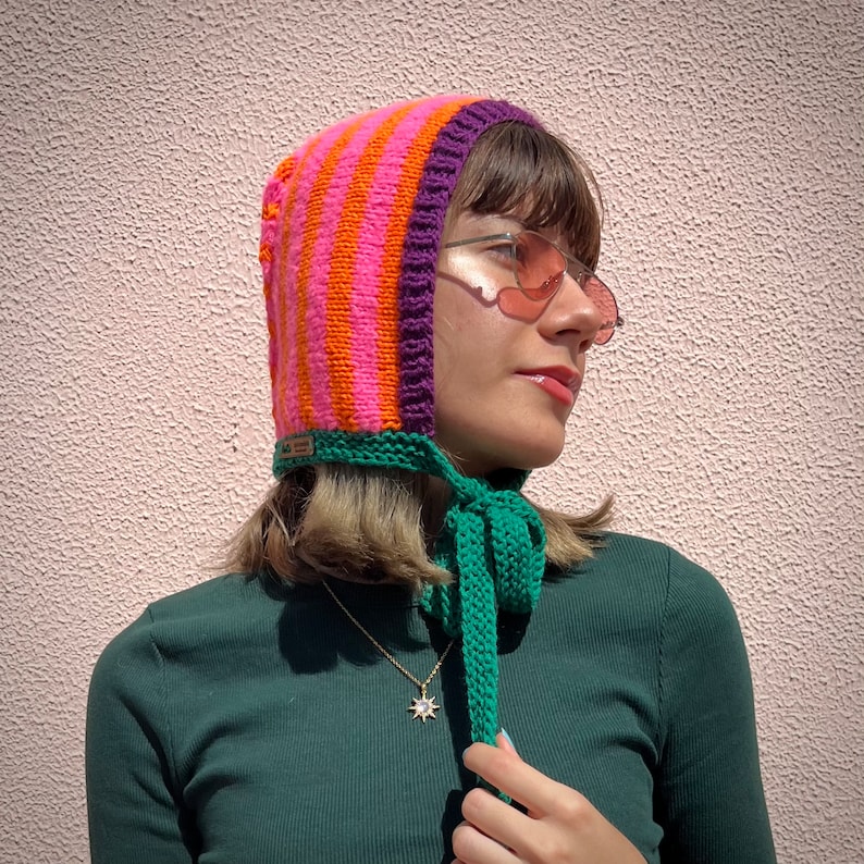 Hand Knitted Adult Bonnet in Neon Vibrant Colors, Colorful Striped ...