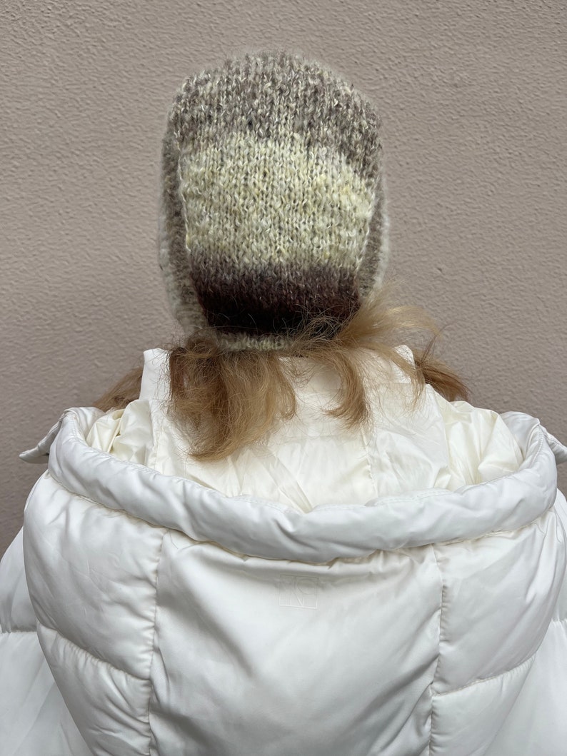 Unique mohair bonnet for adults, brown tones mohair balaclava with ties, super soft fluffy balaclava image 6