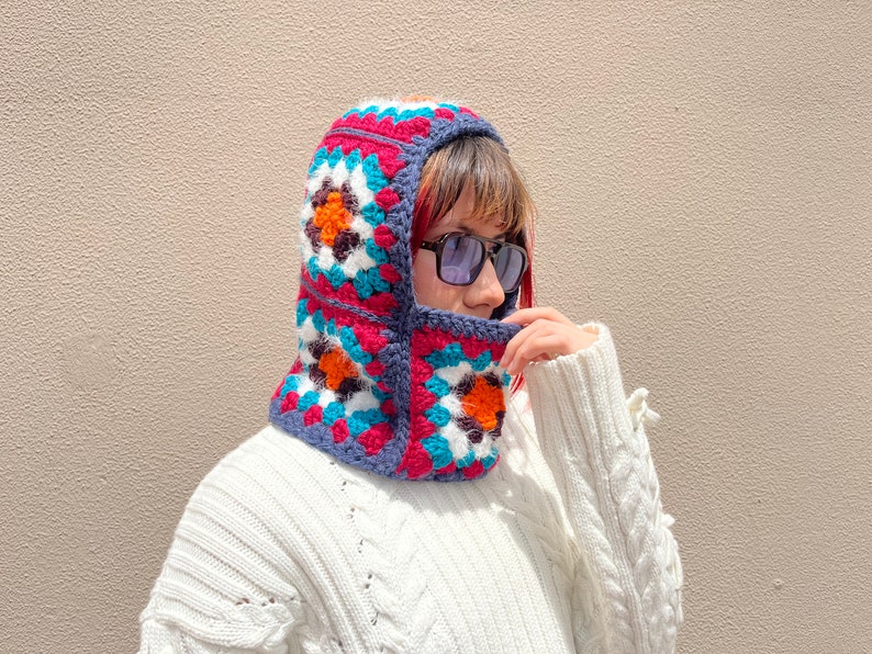 Crochet Balaclava Knitted Granny Square Hood Womens Balaclava Face Mask Pink Beanie Balaclava Mohair image 3