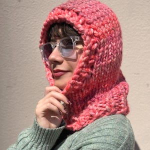 Chunky knit balaclava in coral color, unique design winter hat knit, handmade wool hood, cozy wool balaclava merino, oversize balaclava
