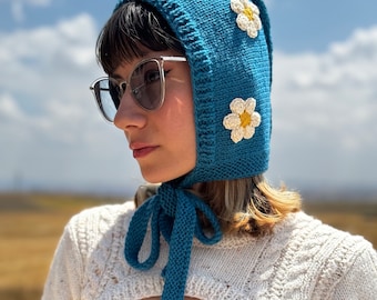 Hand Knitted Wool Bonnet: Floral Crochet Balaclava
