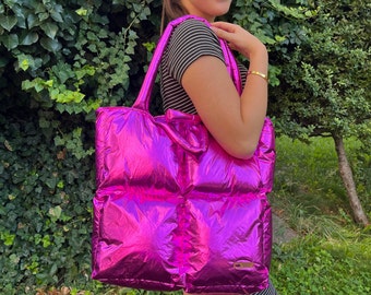 Handmade puffy bag in brilliant metallic fuchsia, big size laptop bag, elegant work bag, unique design school bag