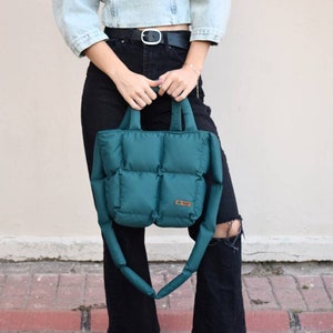 Pillow puffer bag, petrol green puffer  bag, handmade tote bag, comfortable shoulder bag, quilted bag