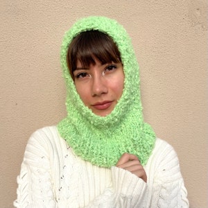 Hand Knitted Fluffy Green Balaclava: Vegan Fuzzy Face Cover