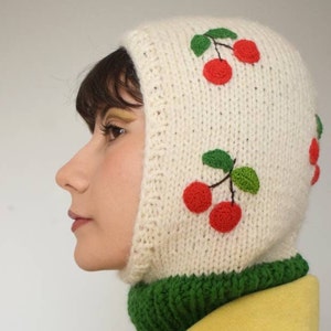 Balaclava knit, cherry balaclava, knitted hood, balaclava face mask, wool balaclava, handmade unique design headgear