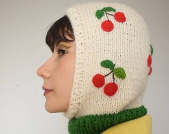 Balaclava knit, cherry balaclava, knitted hood, balaclava face mask, wool balaclava, handmade unique design headgear